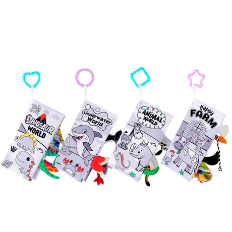 Sensoriska tygböcker baby 0+ med prassel och handtag, 4-pack