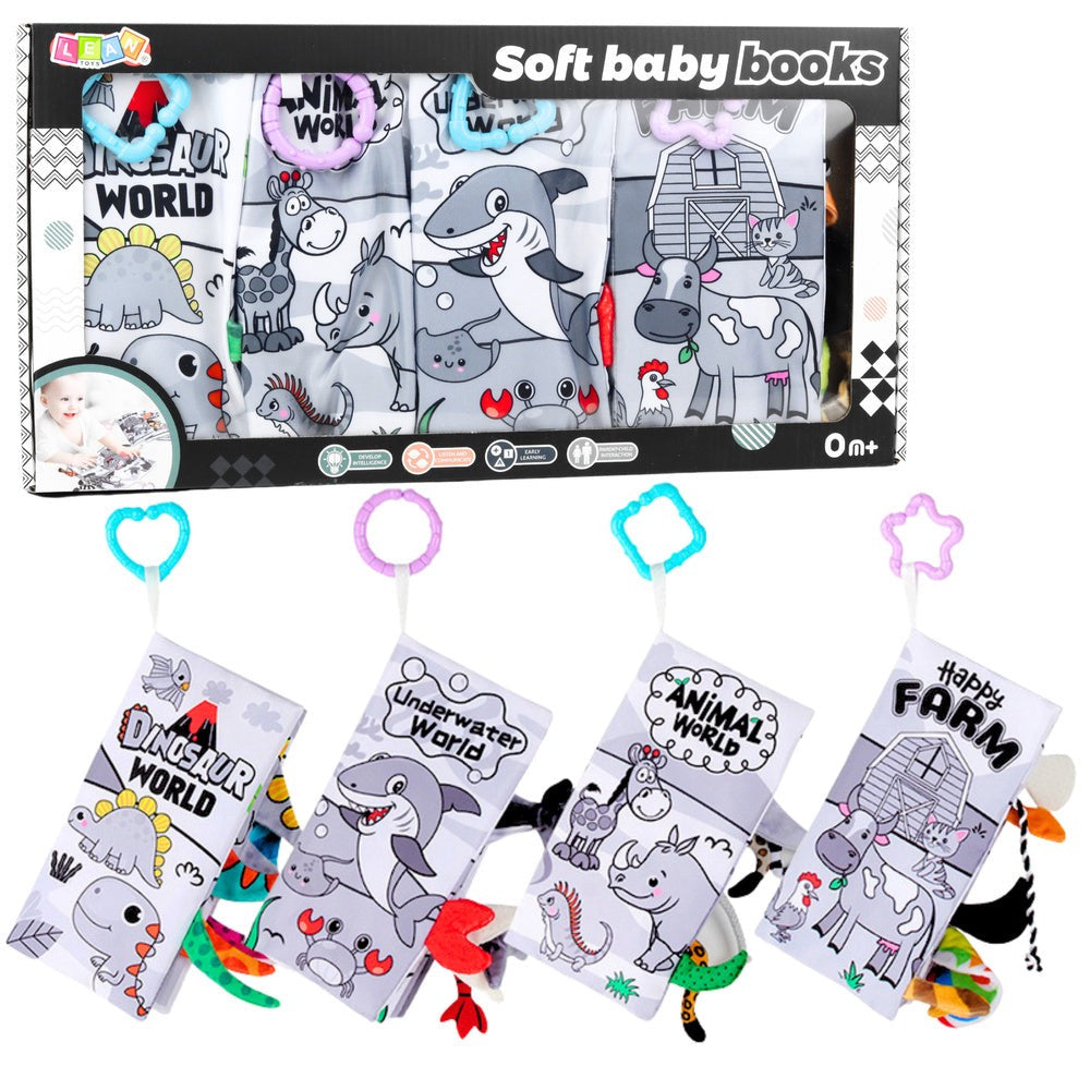Sensoriska tygböcker baby 0+ med prassel och handtag, 4-pack