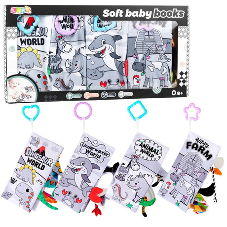 Sensoriska tygböcker baby 0+ med prassel och handtag, 4-pack