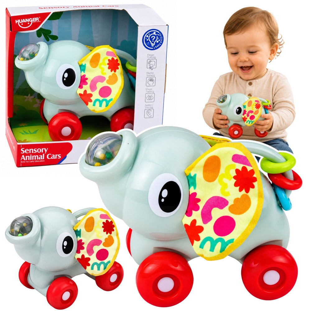 Sensorisk elefantleksak på hjul 14 cm, plast/tyg