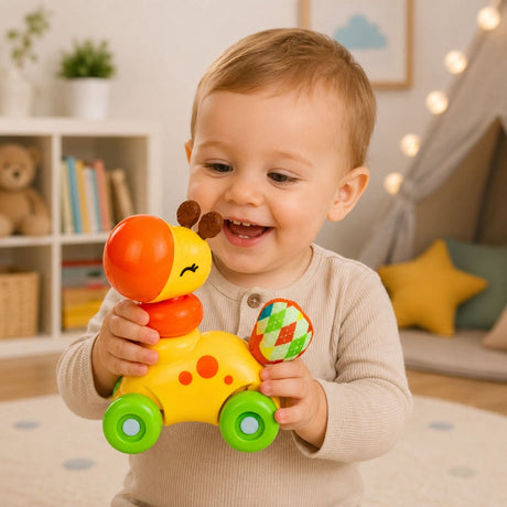 Sensorisk leksaksbil giraff 14 cm i plast med gummielement