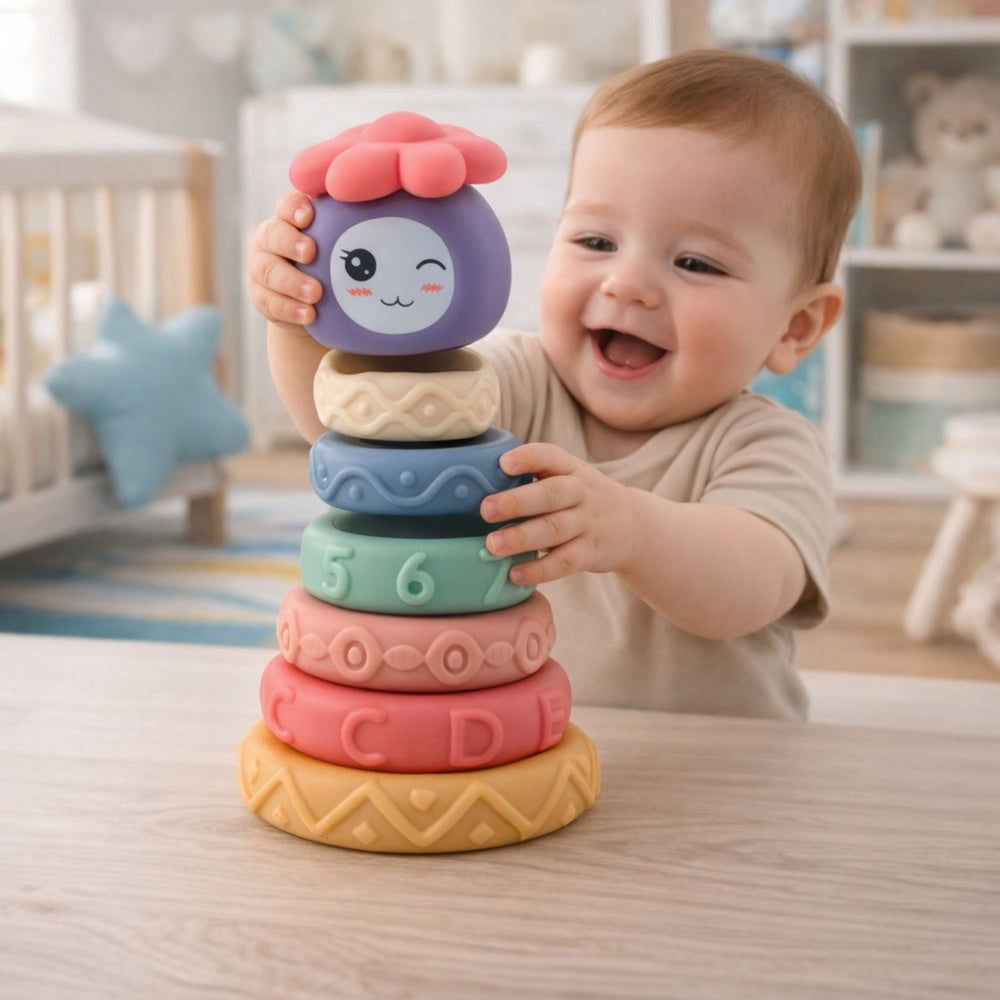 Sensorisk stapelpyramid mjuka block 8 delar 18 cm för baby 6+ mån