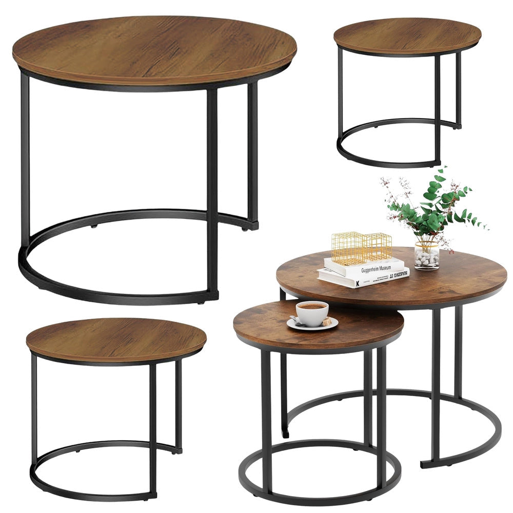 Set 3 runda soffbord MDF mörkgrå trälook, svart stålram 51/40/30 cm