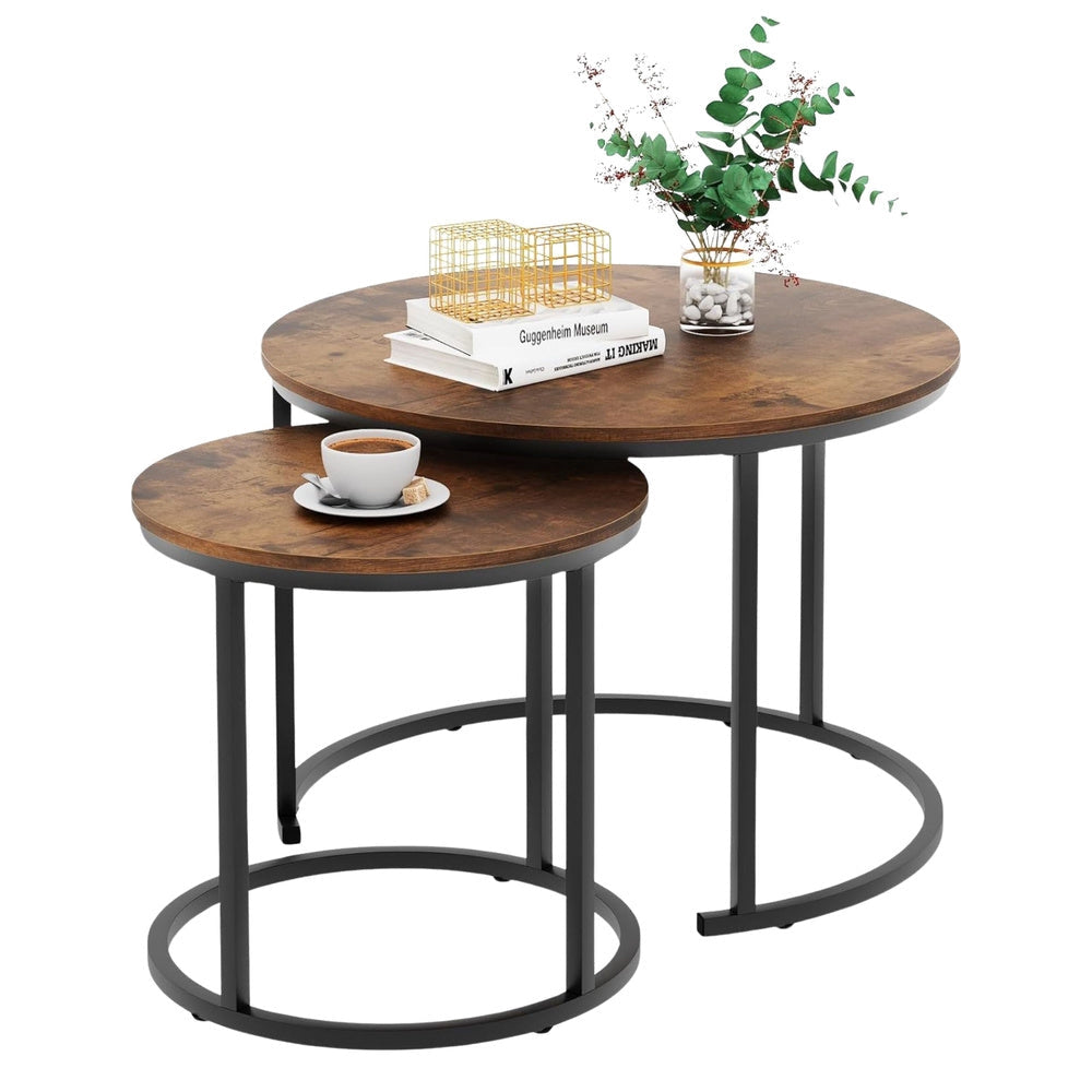 Set 3 runda soffbord MDF mörkgrå trälook, svart stålram 51/40/30 cm