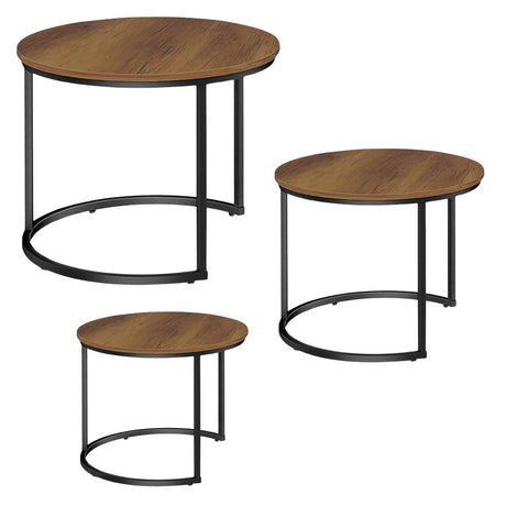 Set 3 runda soffbord MDF mörkgrå trälook, svart stålram 51/40/30 cm