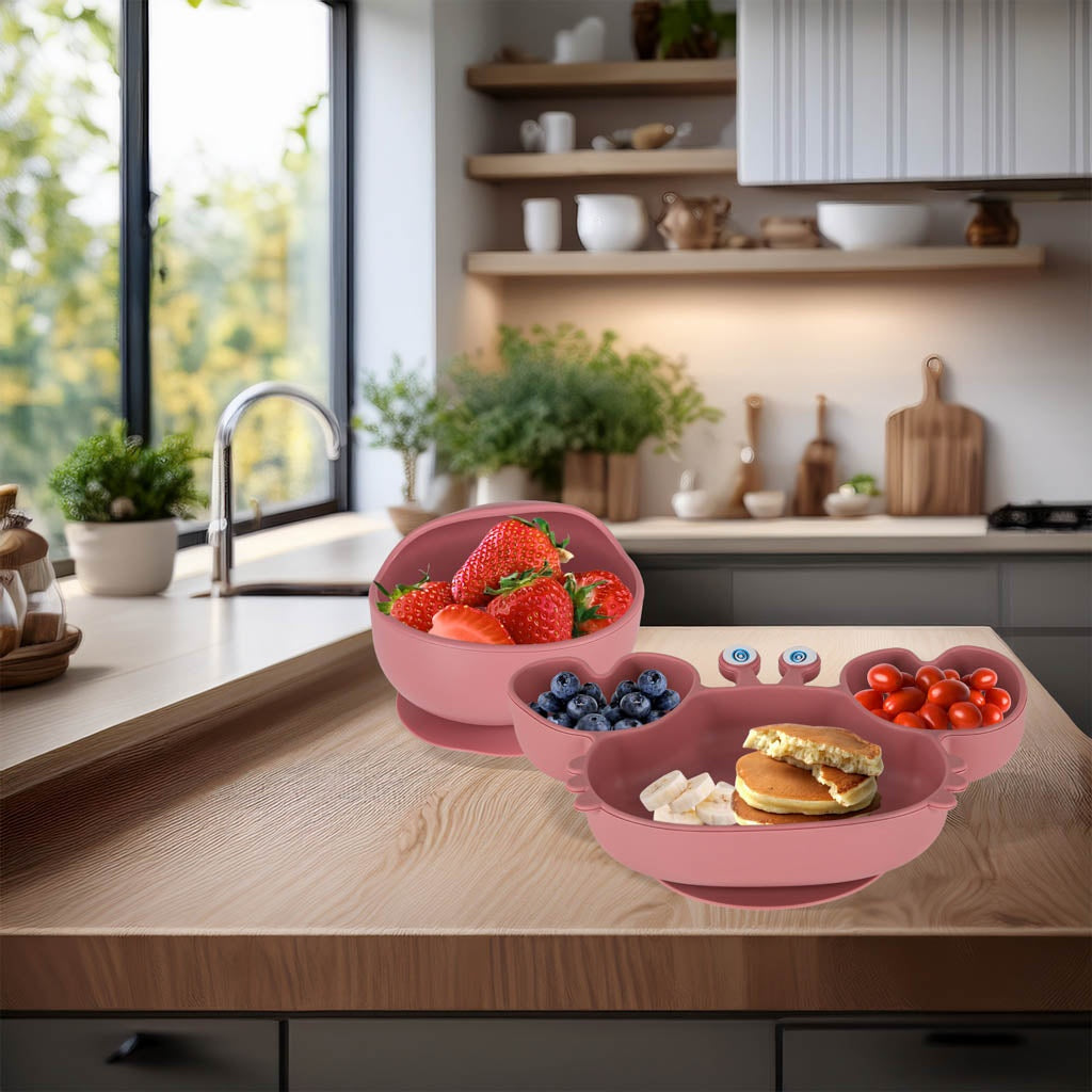 Silikon matset 9 delar för baby 6+ mån, sugkopp, rosa BPA-fritt