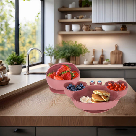 Silikon matset 9 delar för baby 6+ mån, sugkopp, rosa BPA-fritt