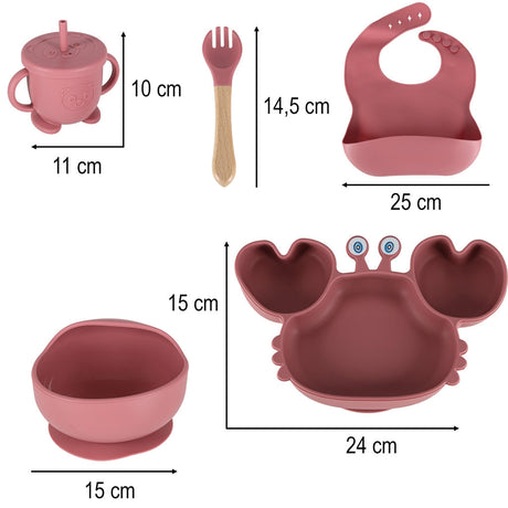 Silikon matset 9 delar för baby 6+ mån, sugkopp, rosa BPA-fritt