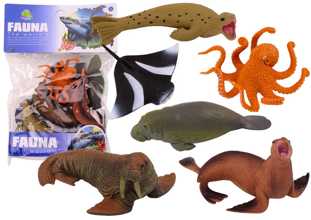 Sjödjursfigurer set 6-pack valross bläckfisk sälar manet rocka