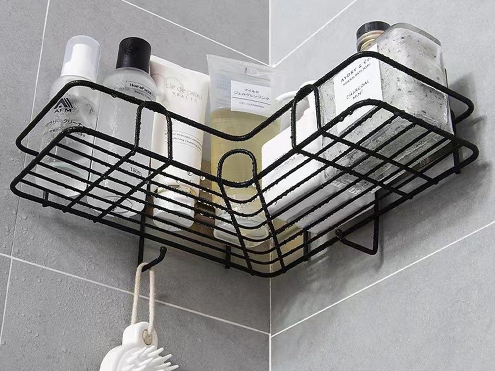 Självhäftande hörnhylla för dusch/badrum metall svart med krokar