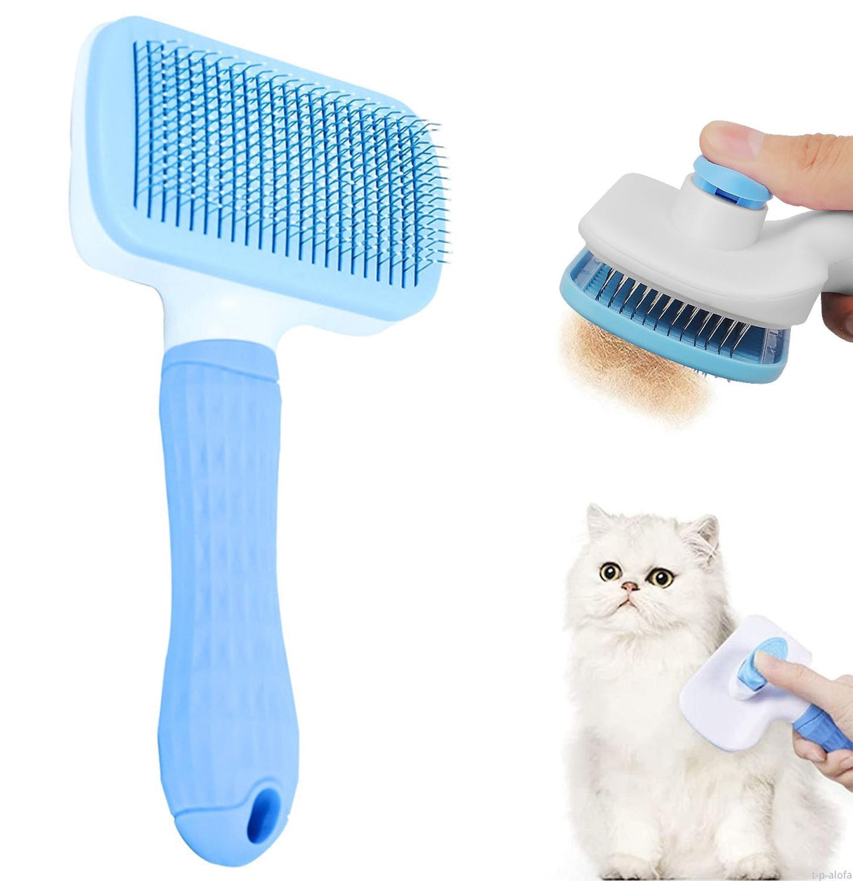 Självrengörande slickerborste för hund och katt, rostfritt stål blå
