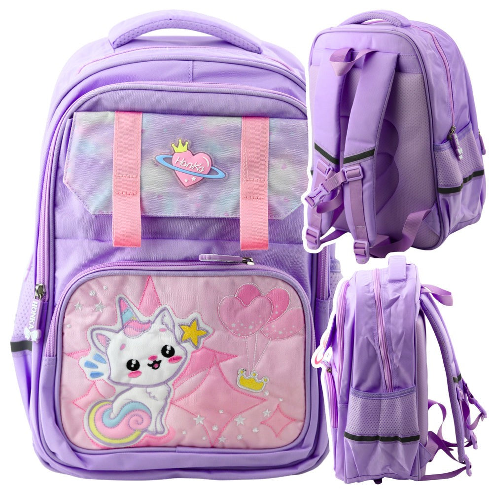 Skolryggsäck 20L lila kattmotiv med reflexer 41x30x16 cm