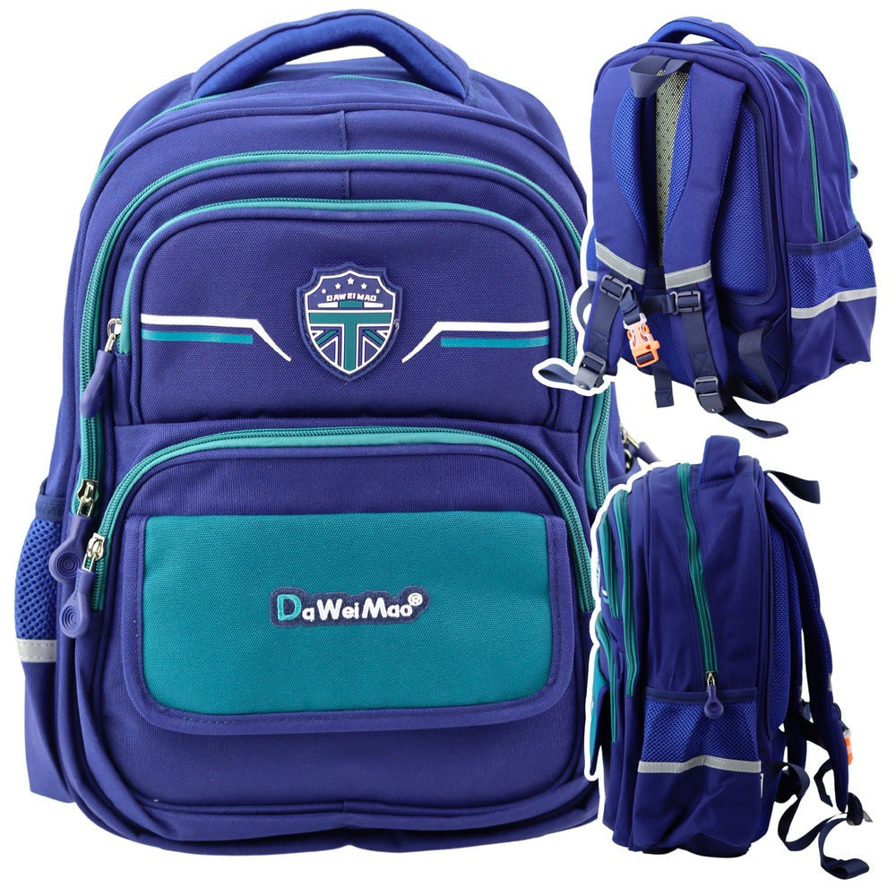 Skolryggsäck barn marinblå 38x28x19 cm med bröstband 7 fickor