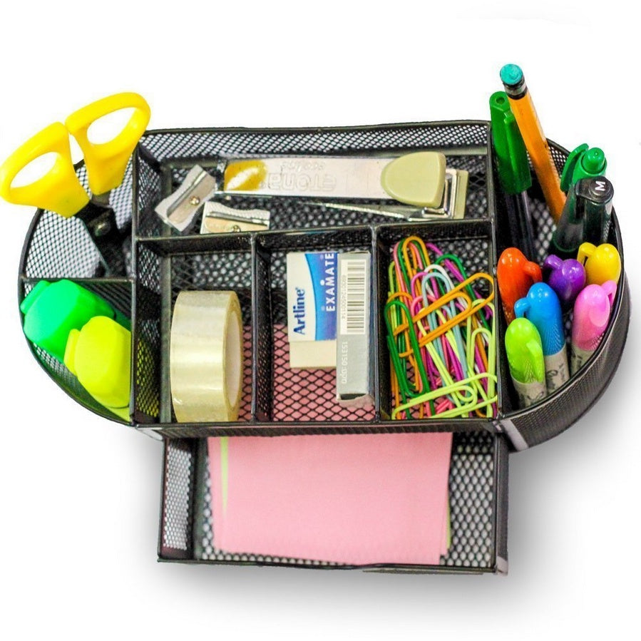 Skrivbordsorganiserare metallnät svart 8 fack med utdragbar låda