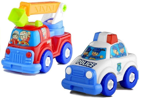 Skruvbara leksaksfordon set polisbil brandbil trailer med figurer 3+