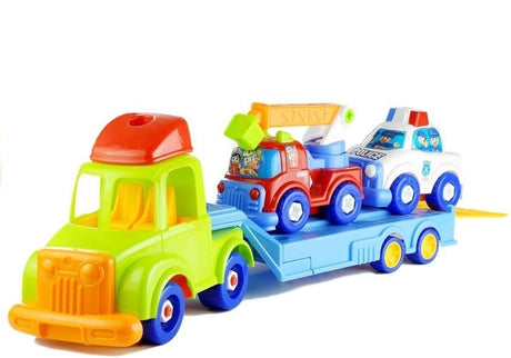 Skruvbara leksaksfordon set polisbil brandbil trailer med figurer 3+