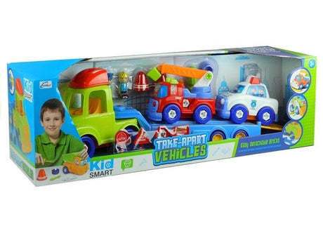 Skruvbara leksaksfordon set polisbil brandbil trailer med figurer 3+