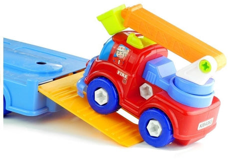 Skruvbara leksaksfordon set polisbil brandbil trailer med figurer 3+