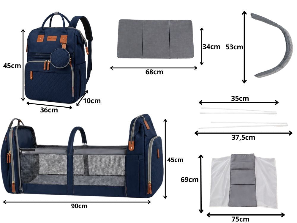 Skötväska ryggsäck med resesäng och USB-port grå polyester
