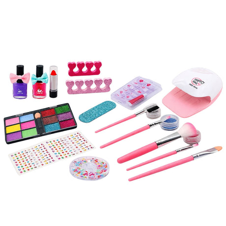 Sminkset för barn i väska rosa med nagellack, ögonskugga & torkare