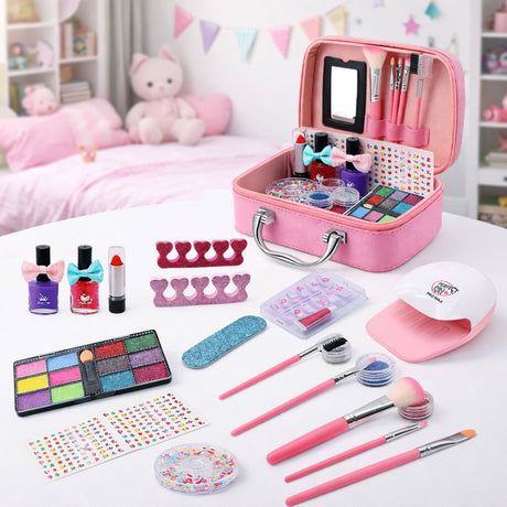 Sminkset för barn i väska rosa med nagellack, ögonskugga & torkare
