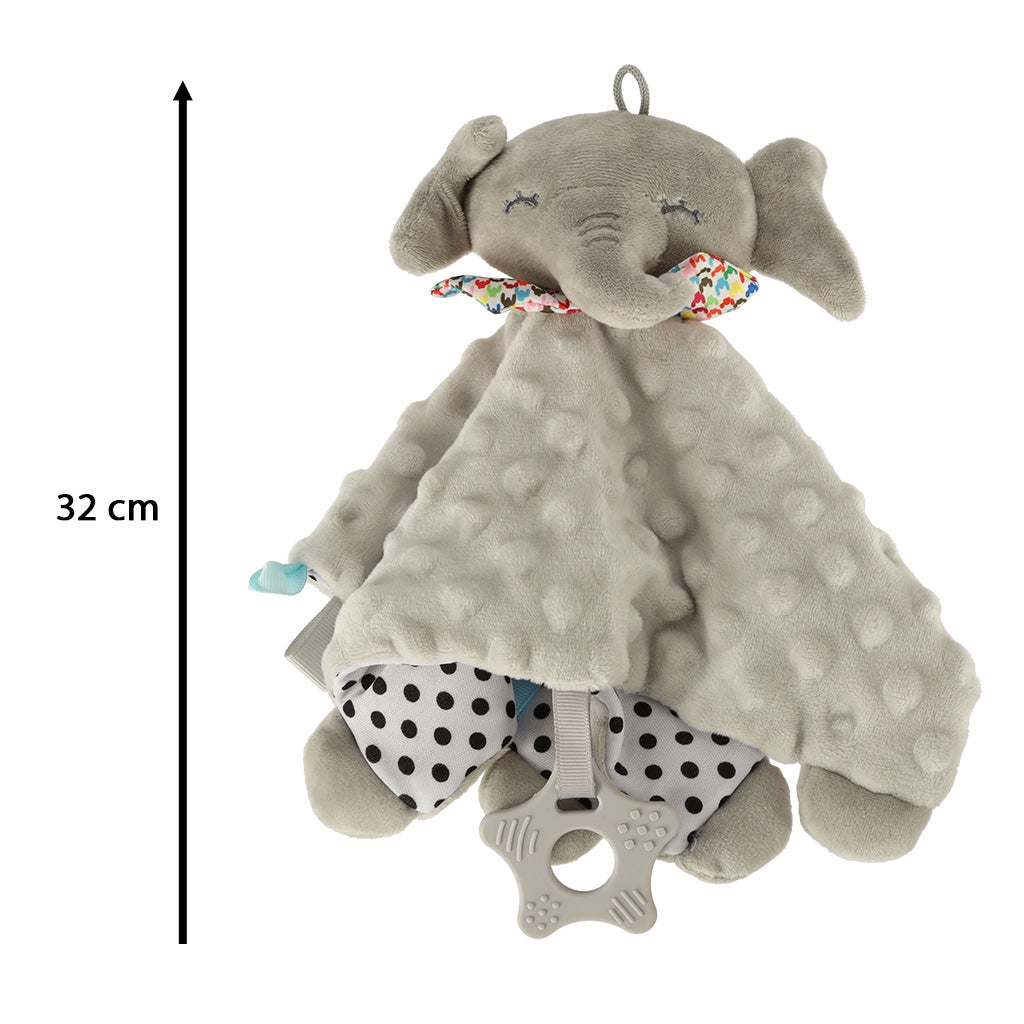 Snuttefilt elefant med bitring och skallra, polyester/silikon 0+