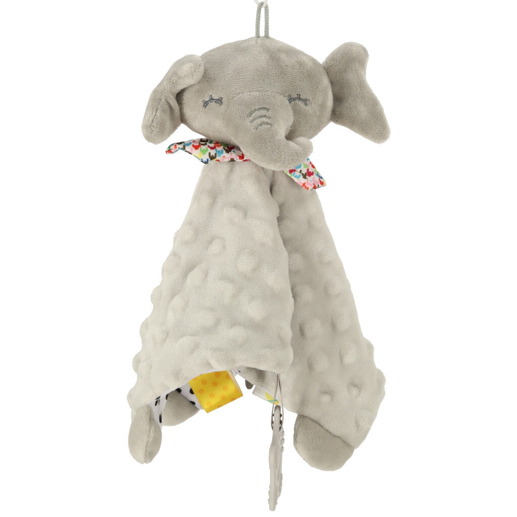 Snuttefilt elefant med bitring och skallra, polyester/silikon 0+