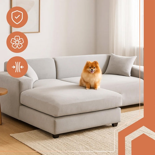 Sofföverdrag hörnsoffa elastisk sammet ljusgrå 190-230 cm + kuddfodral