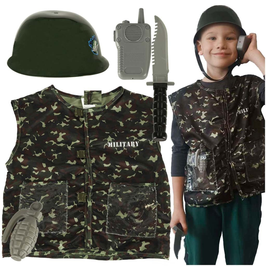 Soldatkostym barn kamouflage set med väst, hjälm och tillbehör 3-8 år