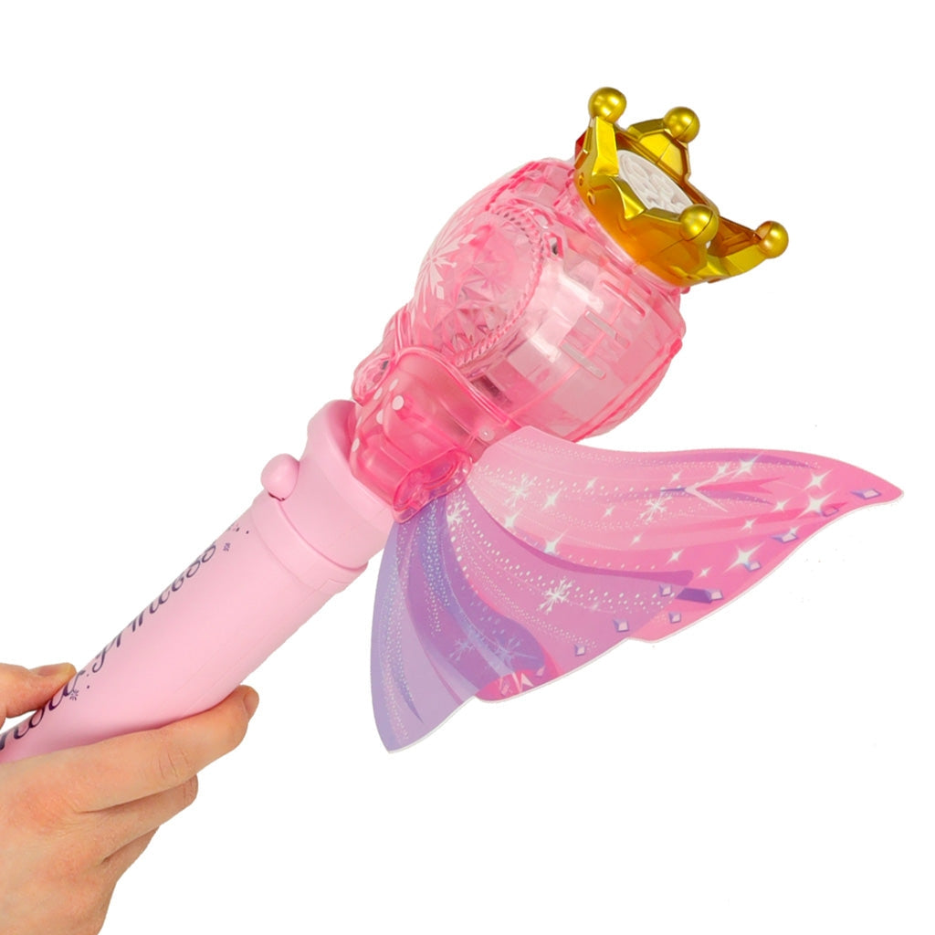 Såpbubbelmaskin prinsess-stav med ljus & musik rosa, 2 bubbelvätskor