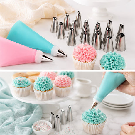 Spritspåse kit med 12 tyllar och koppling silikon/rostfritt rosa/blå