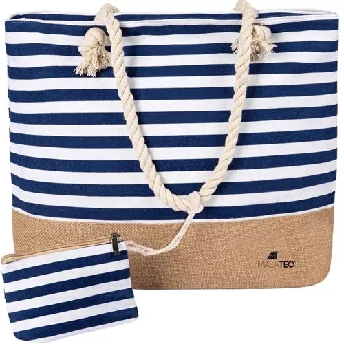 Strand- och picknickväska 22 l 34x48x14 cm marinblå/vit med mini plånbok