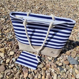 Strand- och picknickväska 22 l 34x48x14 cm marinblå/vit med mini plånbok