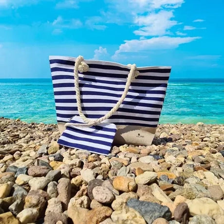 Strand- och picknickväska 22 l 34x48x14 cm marinblå/vit med mini plånbok