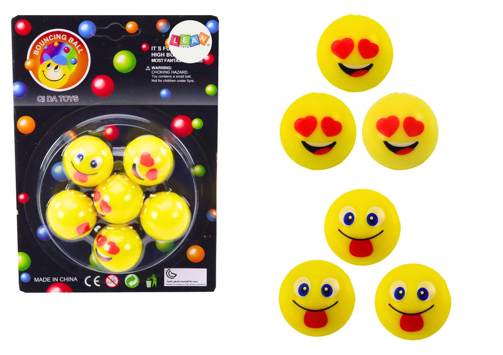 Studsbollar i gummi 6-pack 3 cm gul emoji-motiv CE EN71 3+