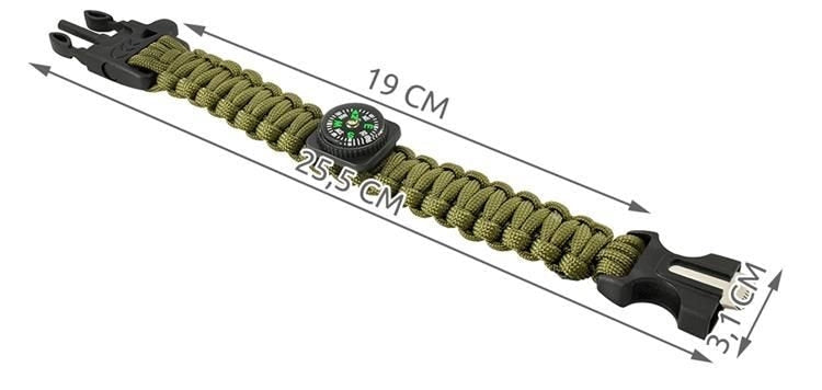 Survivalarmband 5-i-1 med paracord 3 m, kompass & eldstål, khaki