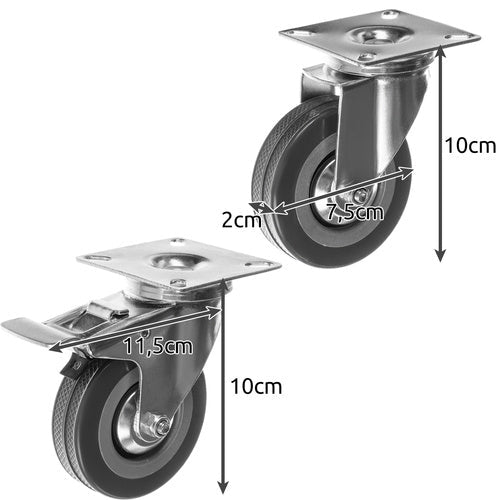 Svängbara länkhjul 75 mm gummi 4-pack 2 med broms max 220 kg