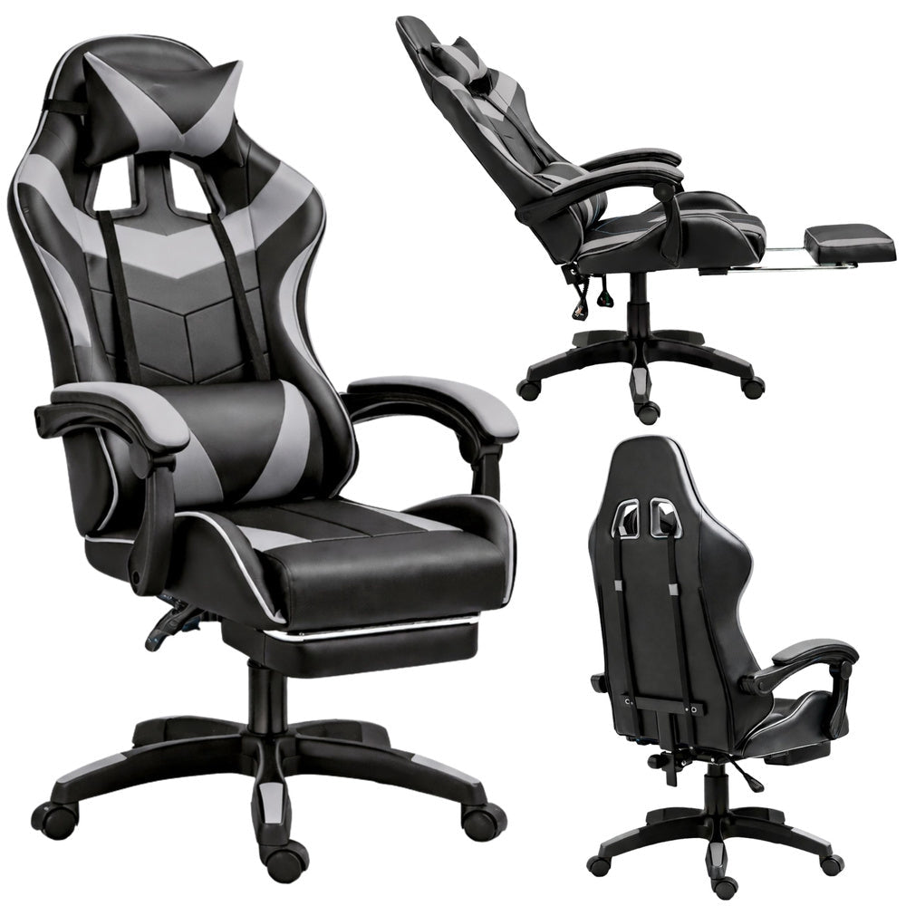 Svängbar gamingstol svart/grå med fotstöd, höjd- & ryggjustering