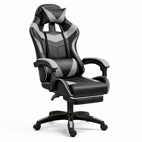 Svängbar gamingstol svart/grå med fotstöd, höjd- & ryggjustering