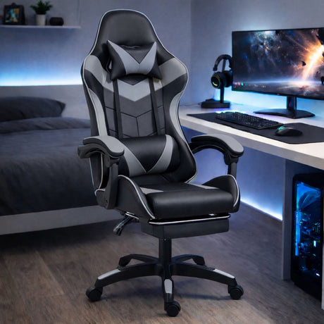 Svängbar gamingstol svart/grå med fotstöd, höjd- & ryggjustering