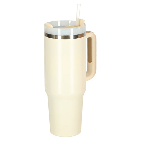 Termosmugg 1,2L med handtag och sugrör i rostfritt stål, kräm