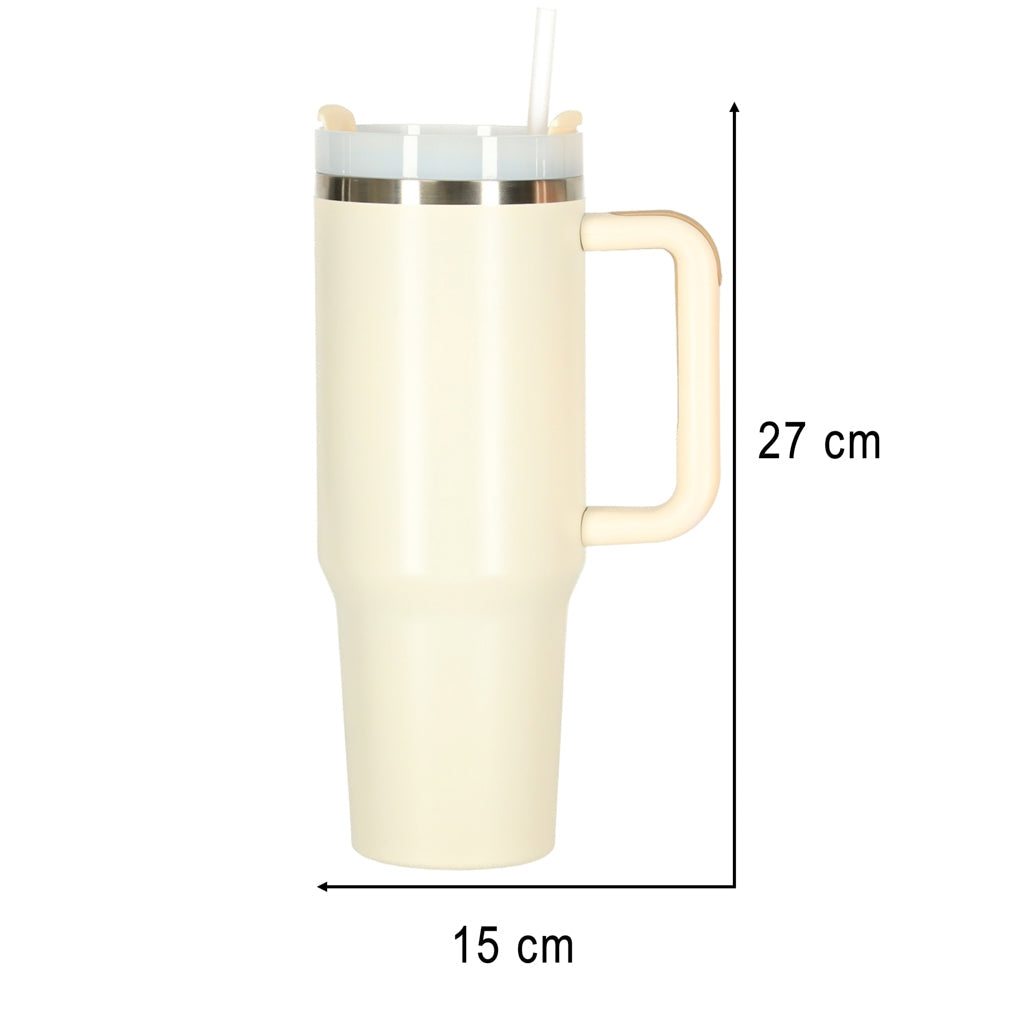 Termosmugg 1,2L med handtag och sugrör i rostfritt stål, kräm
