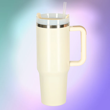 Termosmugg 1,2L med handtag och sugrör i rostfritt stål, kräm