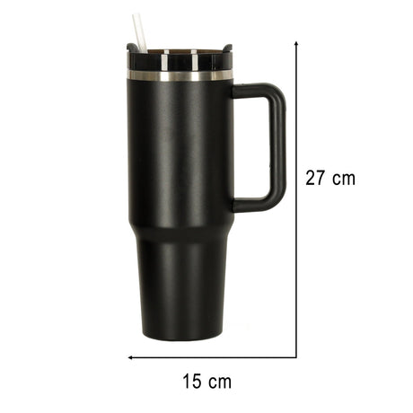 Termosmugg 1,2 L med handtag och sugrör rostfritt stål svart
