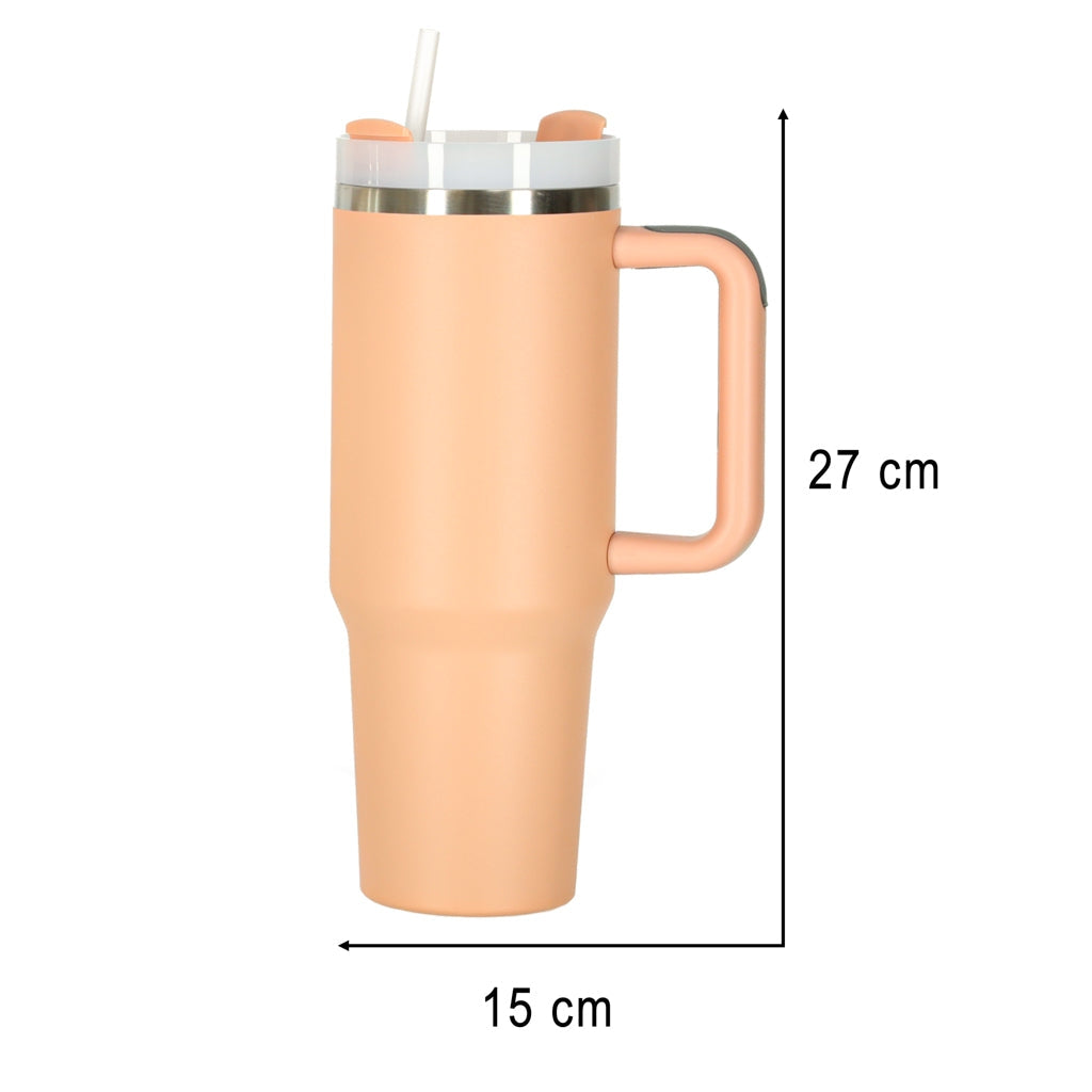 Termosmugg med handtag 1,2L rostfritt stål/plast med sugrör rosa