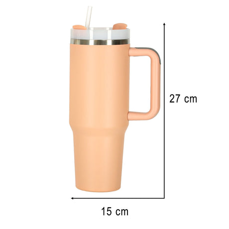 Termosmugg med handtag 1,2L rostfritt stål/plast med sugrör rosa