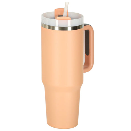 Termosmugg med handtag 1,2L rostfritt stål/plast med sugrör rosa