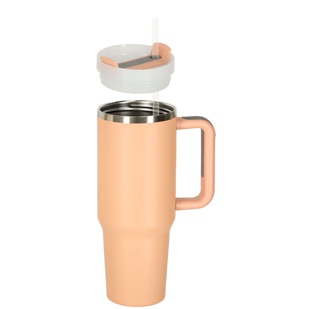 Termosmugg med handtag 1,2L rostfritt stål/plast med sugrör rosa