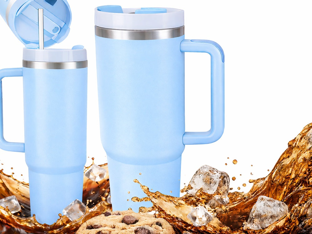 Termosmugg med sugrör och handtag 1,2 L blå rostfritt stål