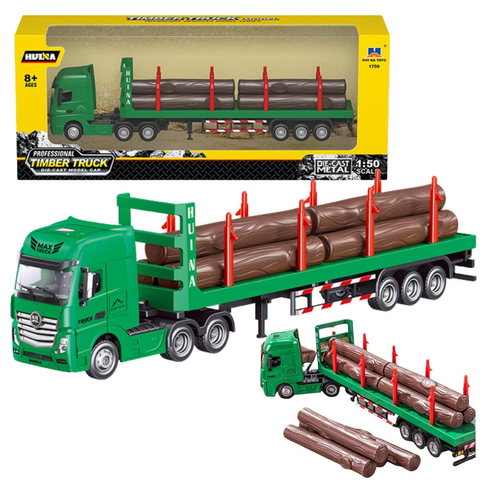 Timber truck modell 1:50 metall/plast med släp och trästockar 29 cm
